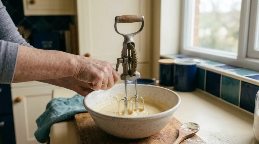 Person using a manual hand mixer correctly in a deep bowl with light batter