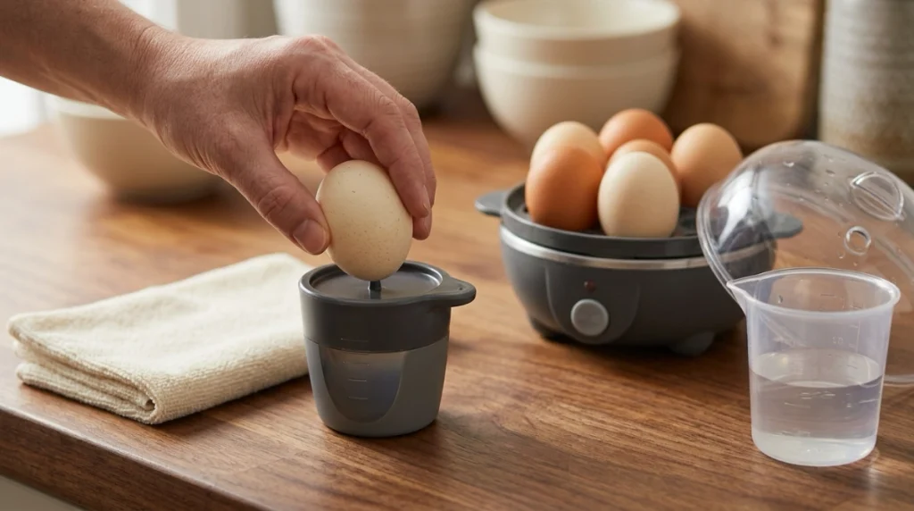 Hand gently piercing the broad blunt end of an egg with an egg cooker measuring cup pin