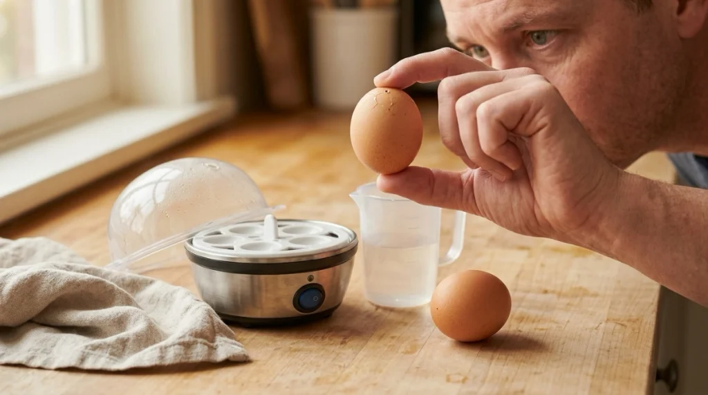 Person checking an egg pierced on the pointed end for cracks before using an egg cooker