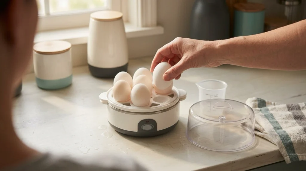 Person placing eggs pointed-end down in an electric egg cooker tray