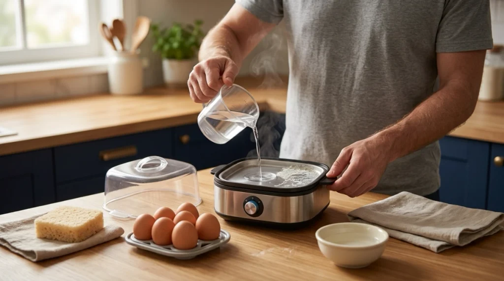 Person testing egg cooker water level, lid fit, heating plate, and measuring cup.