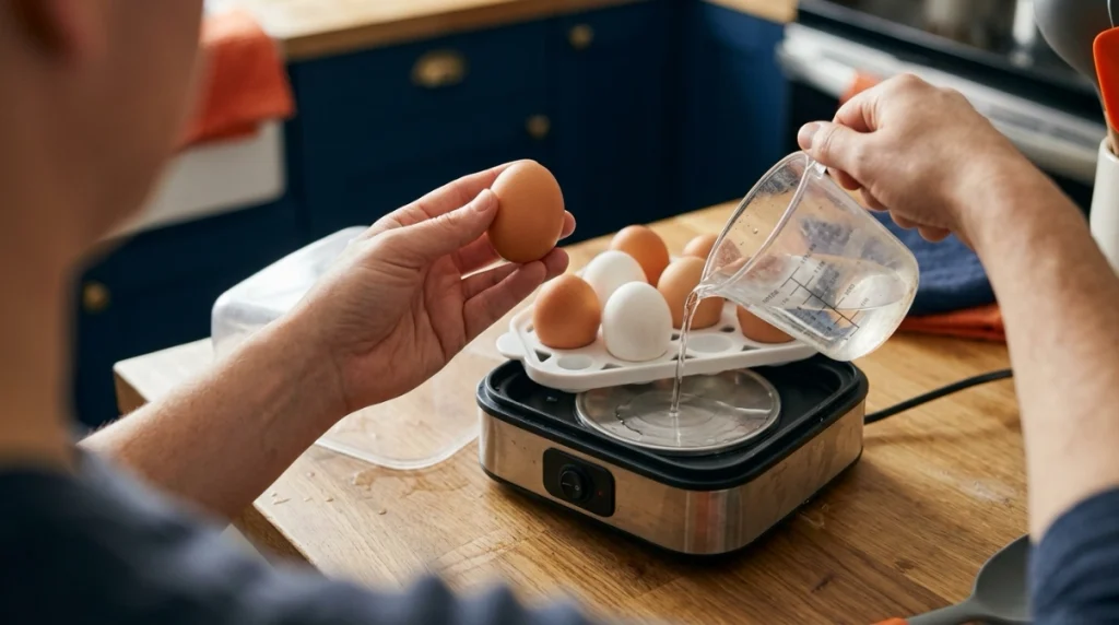 Correct egg cooker setup with shell check, measured water, flat tray, open vent, and clean plate