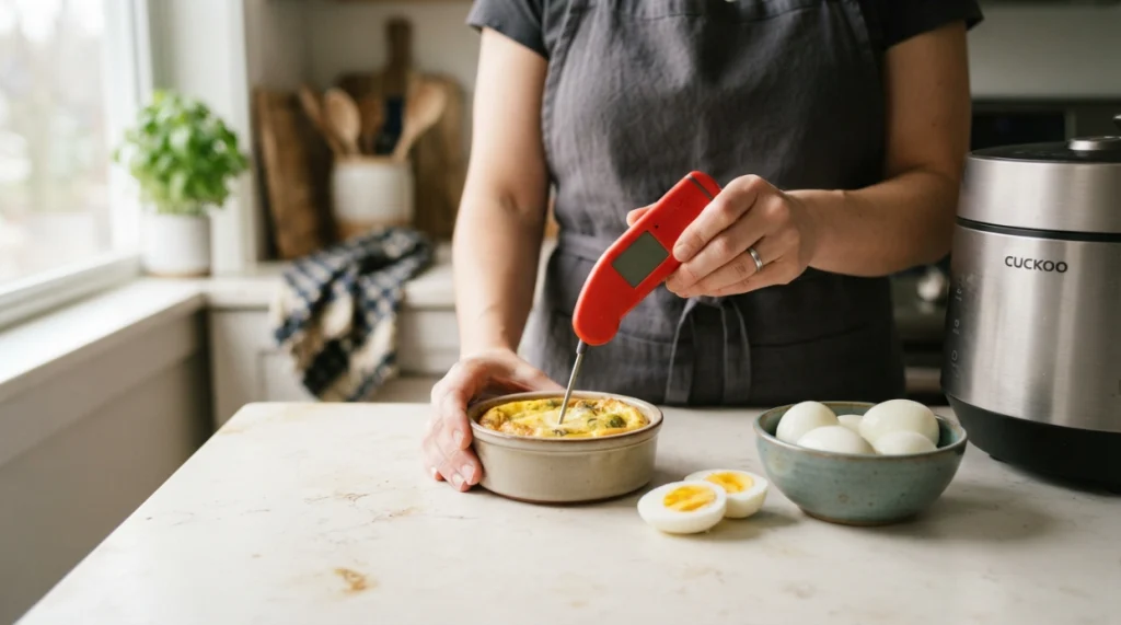 Food thermometer checking cooked eggs beside a halved hard-cooked egg
