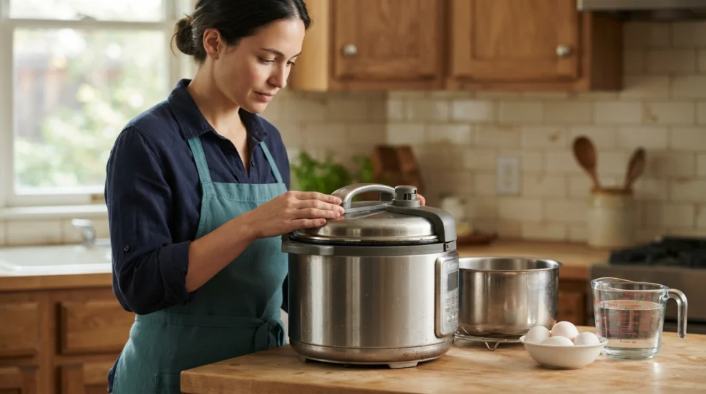 Home cook safely checking a pressure cooker before cooking eggs