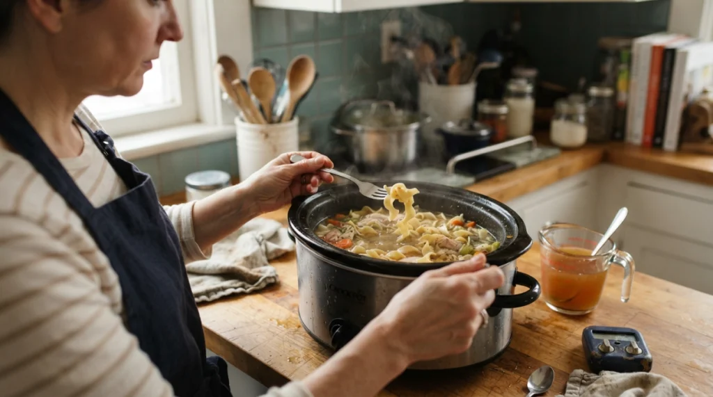 Cook checking egg noodles in a slow cooker before they become mushy