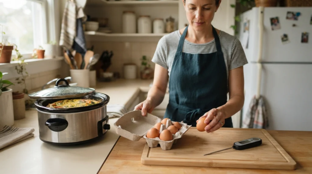 Home cook safely preparing eggs beside a crock pot