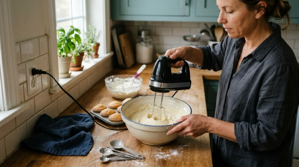 Home baker using a corded hand mixer for cake batter in a compact everyday kitchen