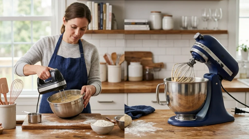 Hand mixer held over a separate bowl beside a stationary stand mixer with fitted bowl