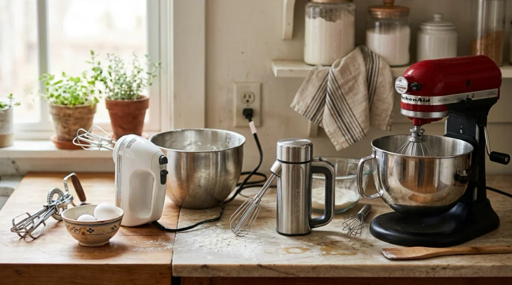 Manual, corded, cordless, and convertible types of hand mixers arranged in a home kitchen
