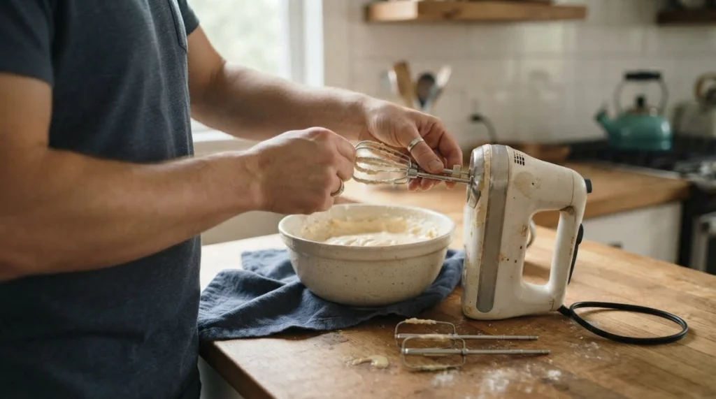 Home cook checking hand mixer beaters to reduce rattling and unnecessary mixer noise