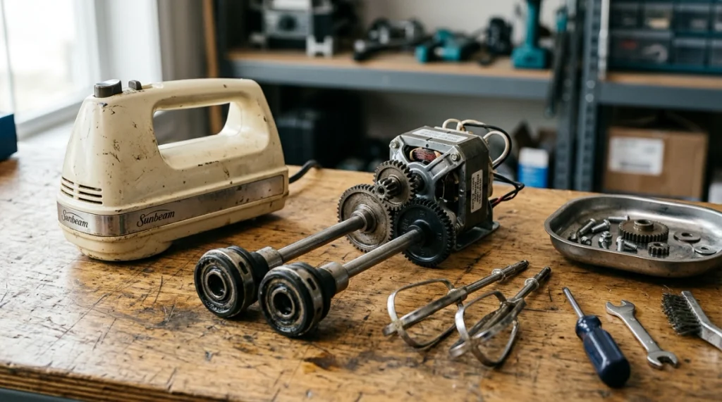 Hand mixer motor, drive gears, output shafts, sockets, and beaters arranged to show how rotation transfers