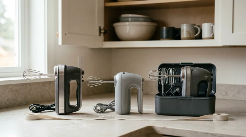 Several hand mixers with different body sizes and storage footprints on a kitchen counter