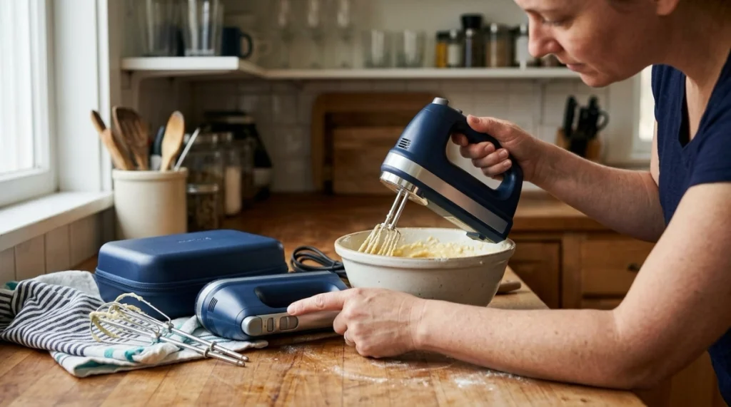 Home cook comparing hand mixer controls, grip, attachments and storage before buying