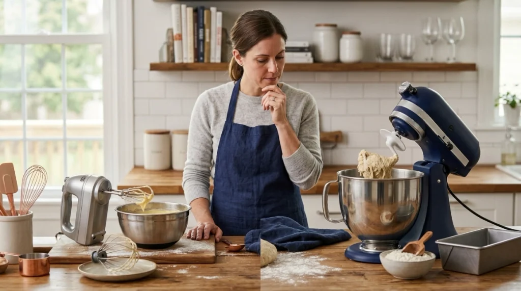 Home baker comparing a hand mixer for cake batter with a stand mixer kneading bread dough