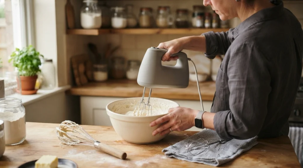 Home cook switching from a manual whisk to a hand mixer at low speed.