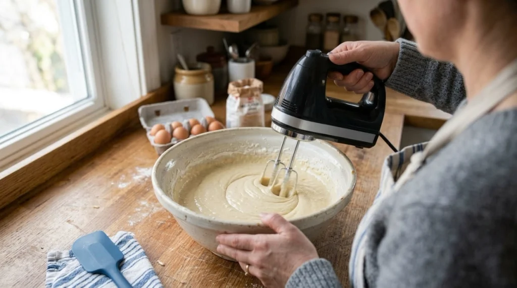 Home cook safely using an electric hand mixer at low speed in a large bowl.
