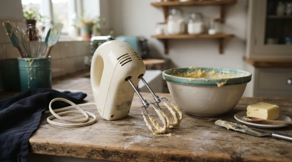 Hand mixer cooling beside batter with clear vents, softened butter and loosely stored power cord