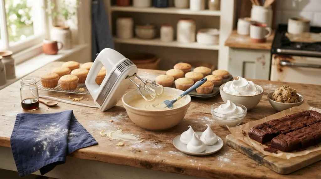 Hand mixer beside cakes, frosting, whipped cream, cookies, and brownies in a home kitchen.