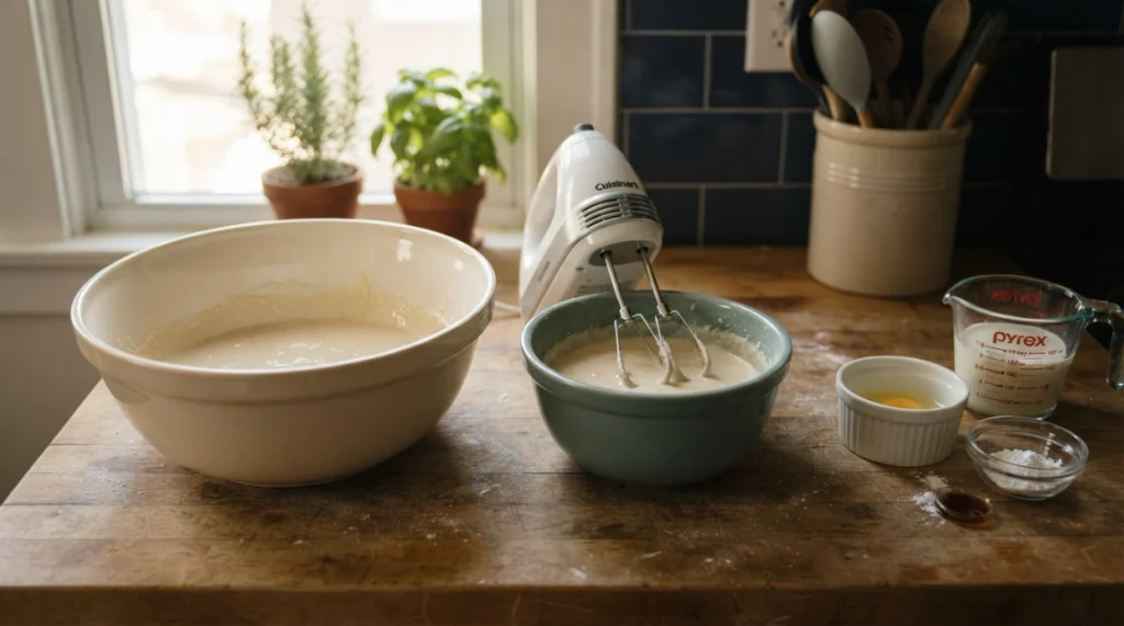Wide and narrow bowls showing how ingredient depth affects hand mixer performance in small batches