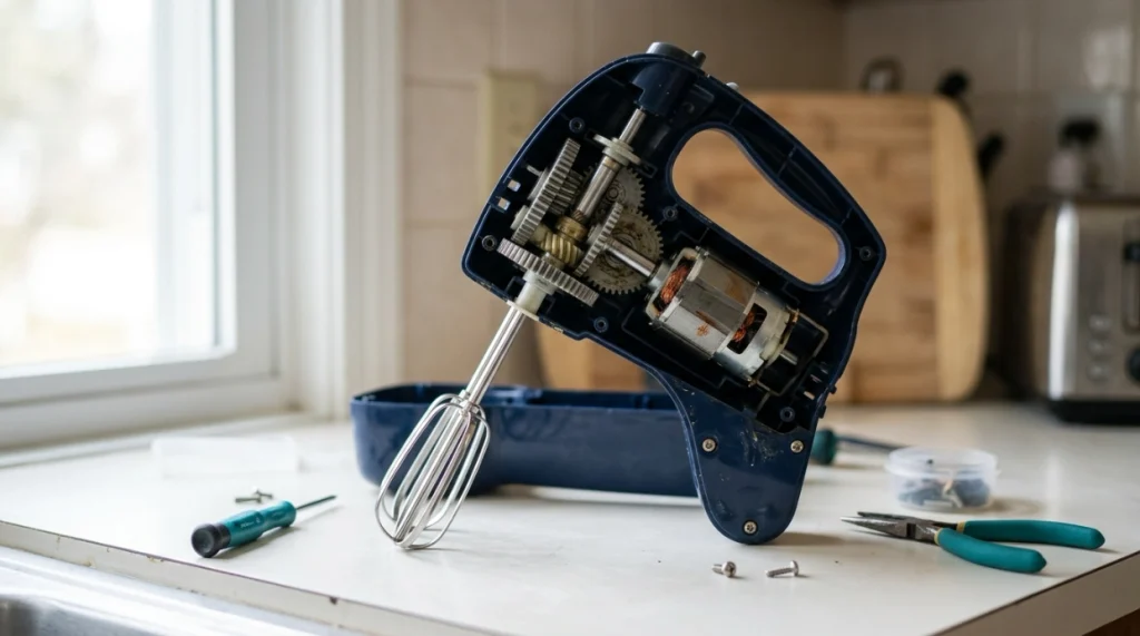 Hand mixer opened to show electric motor, gear train, drive shaft and two beater sockets