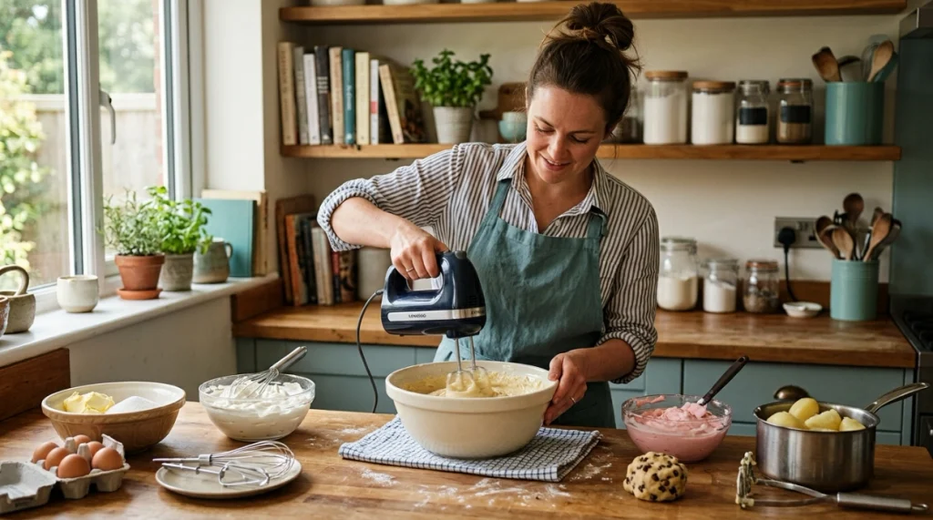 What is a hand mixer used for, showing batter, whipped cream, frosting, eggs, and potatoes.