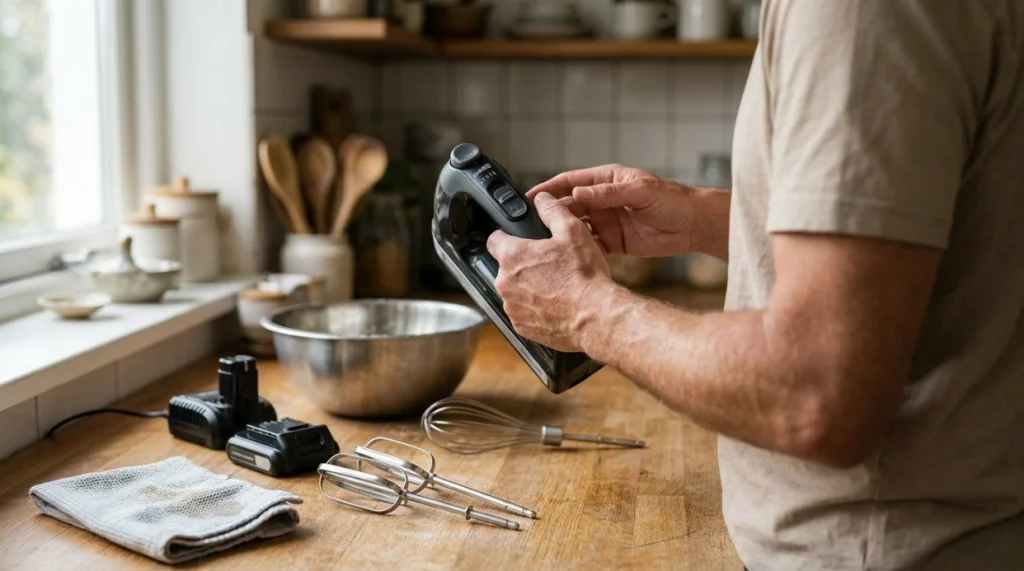 Cordless hand mixer with battery, charger, beaters, whisk, speed controls, and cleaning accessories.