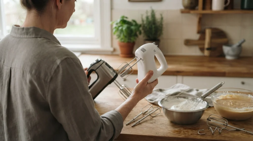Home baker comparing lightweight and heavier hand mixers for comfort and everyday baking