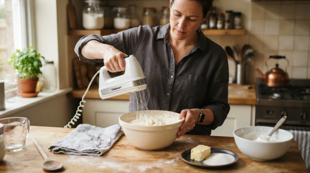 Home cook using a hand mixer to whip cream with egg whites and beaters nearby.