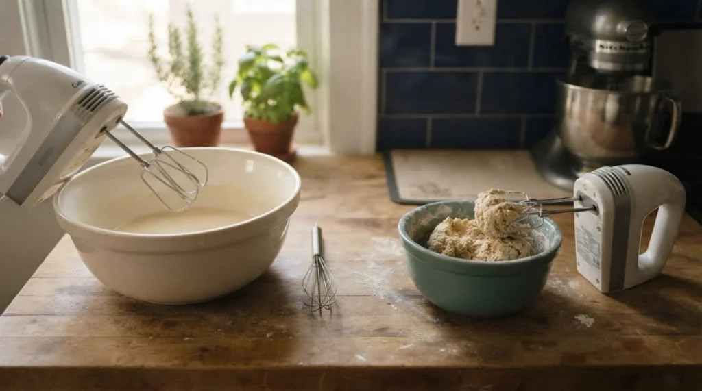 Hand mixer shown with shallow egg mixture and dense dough, illustrating when another tool works better