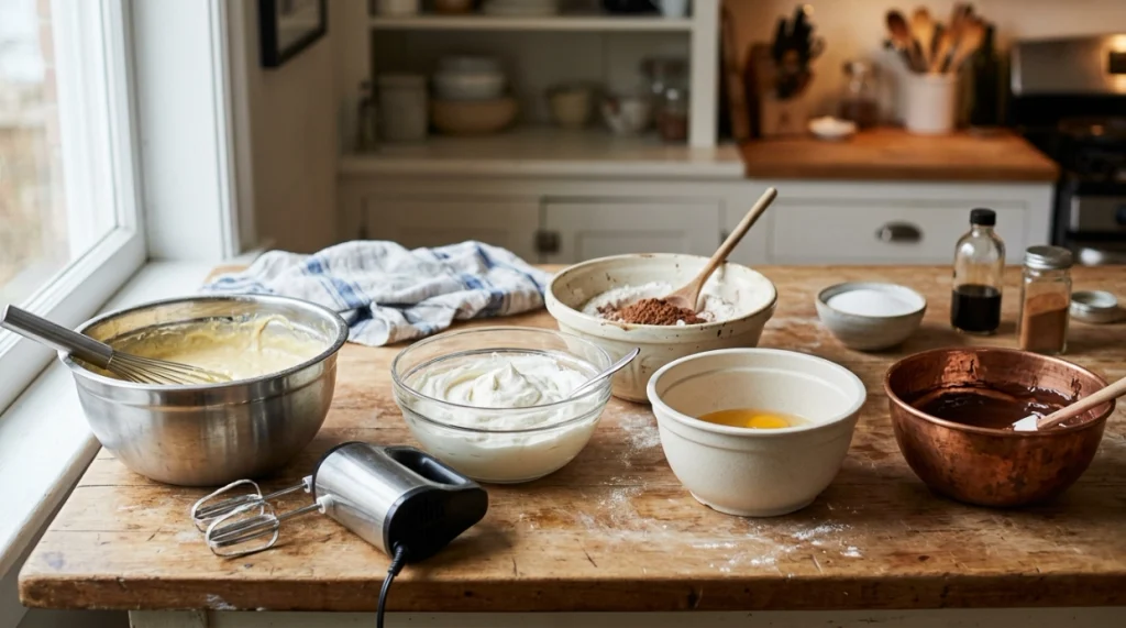 Stainless steel, glass, ceramic, plastic and copper bowls arranged beside an electric hand mixer.