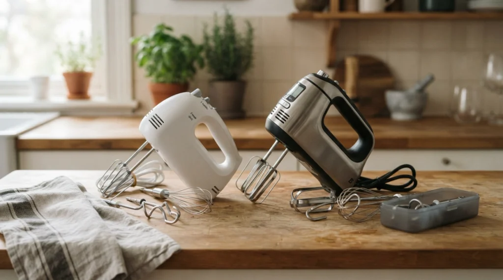 Two hand mixers with motors, beaters and accessories showing why hand mixer weight varies