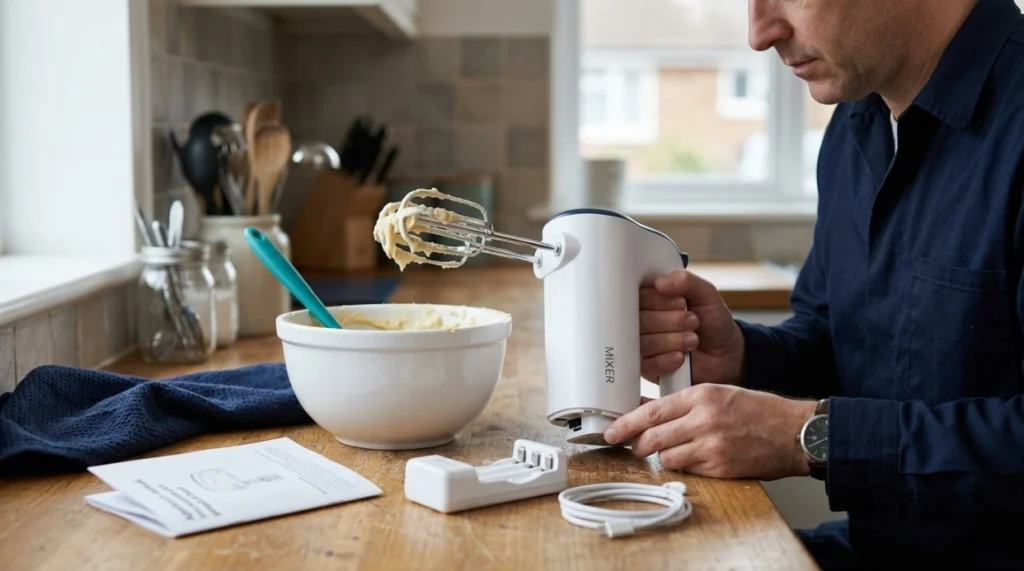 Home cook checking a rechargeable hand mixer after it stops while mixing thick batter.
