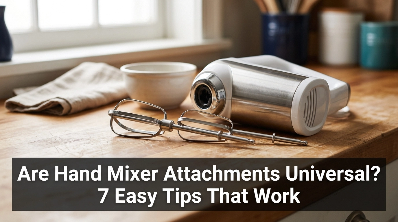 Hand mixer with metal beaters on a kitchen counter illustrating whether hand mixer attachments are universal.