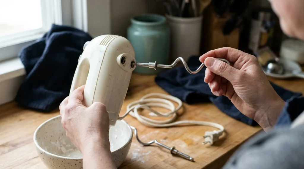 Hands aligning a dough hook with an unplugged hand mixer attachment slot.