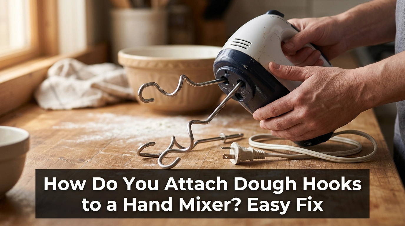 How to attach dough hooks to a hand mixer with the hooks and attachment slots visible.