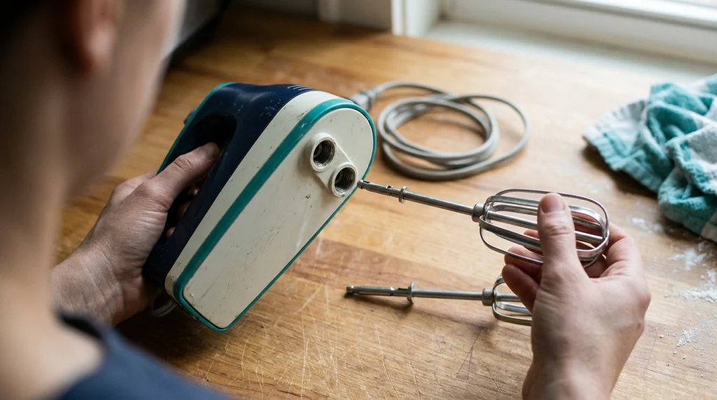 Hands comparing a hand mixer beater connector with the mixer socket before use.
