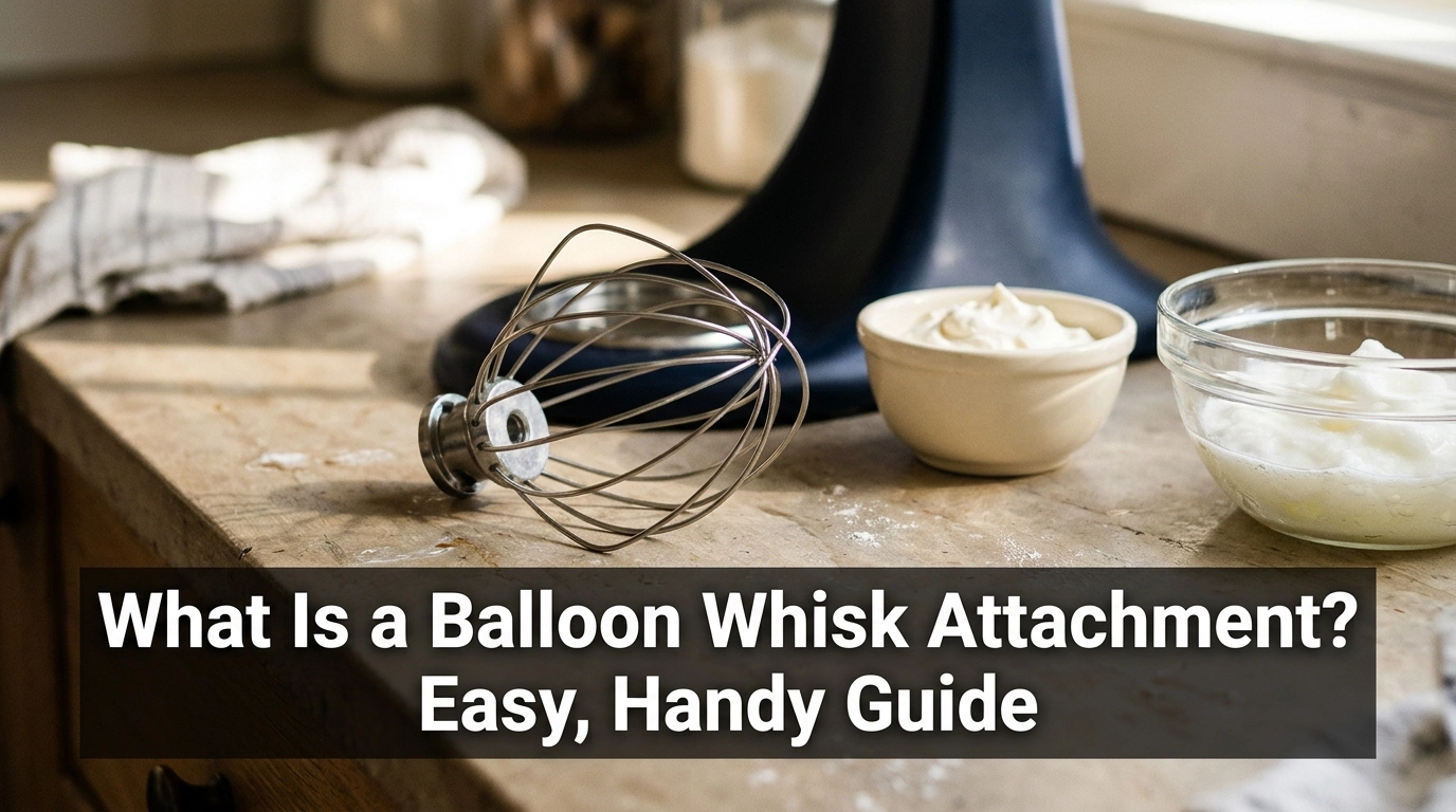 Balloon whisk attachment beside a stand mixer, whipped cream, and beaten egg whites in a home kitchen.