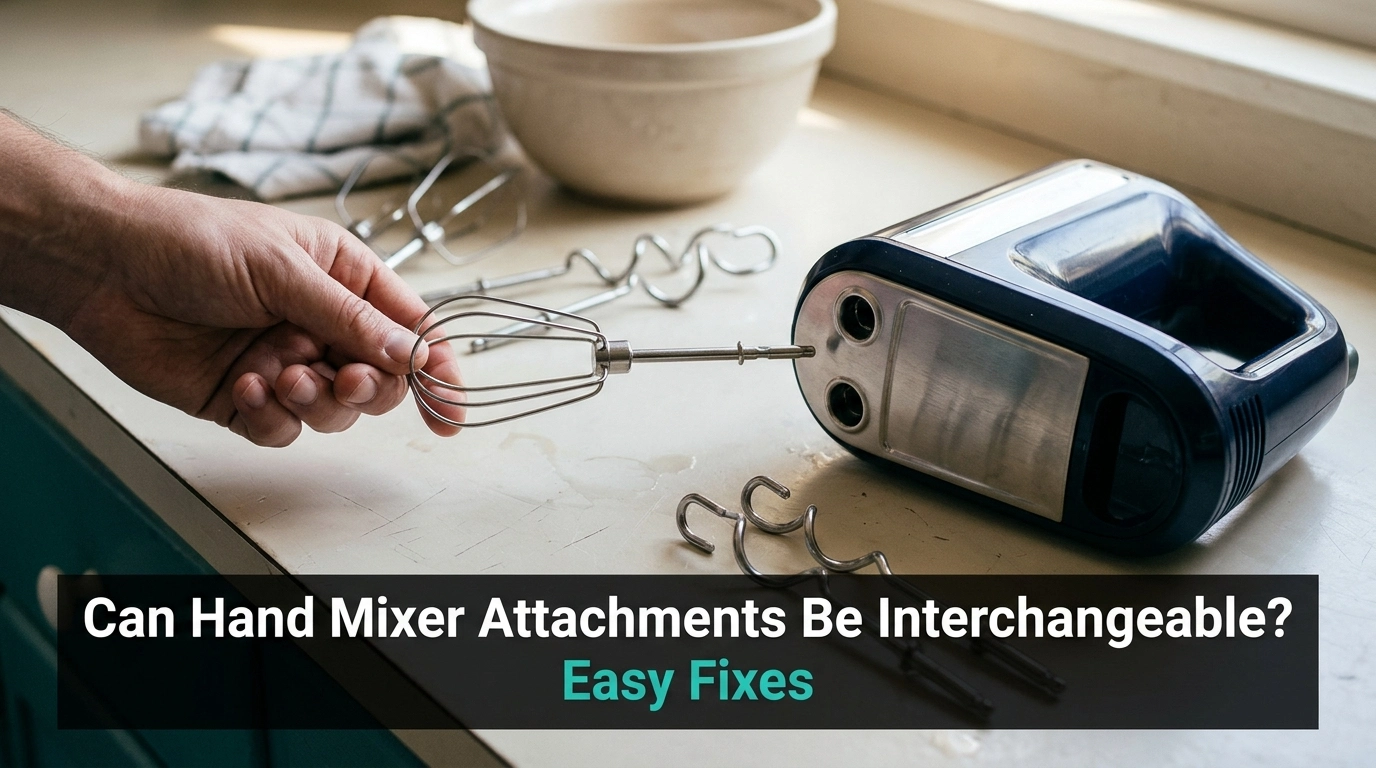 Hand mixer with different beater attachments arranged on a kitchen counter for a compatibility check.
