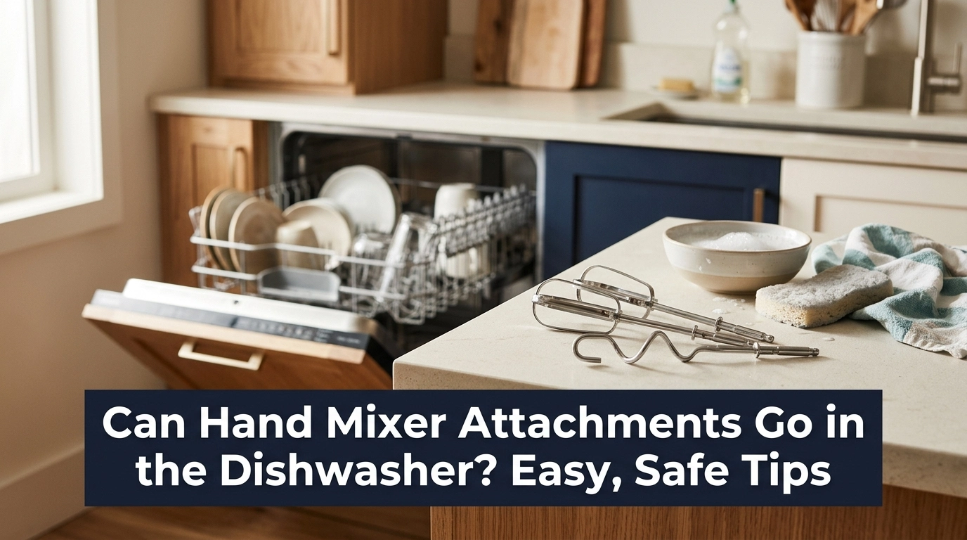 Hand mixer beaters and dough hook beside a dishwasher and hand-washing supplies.