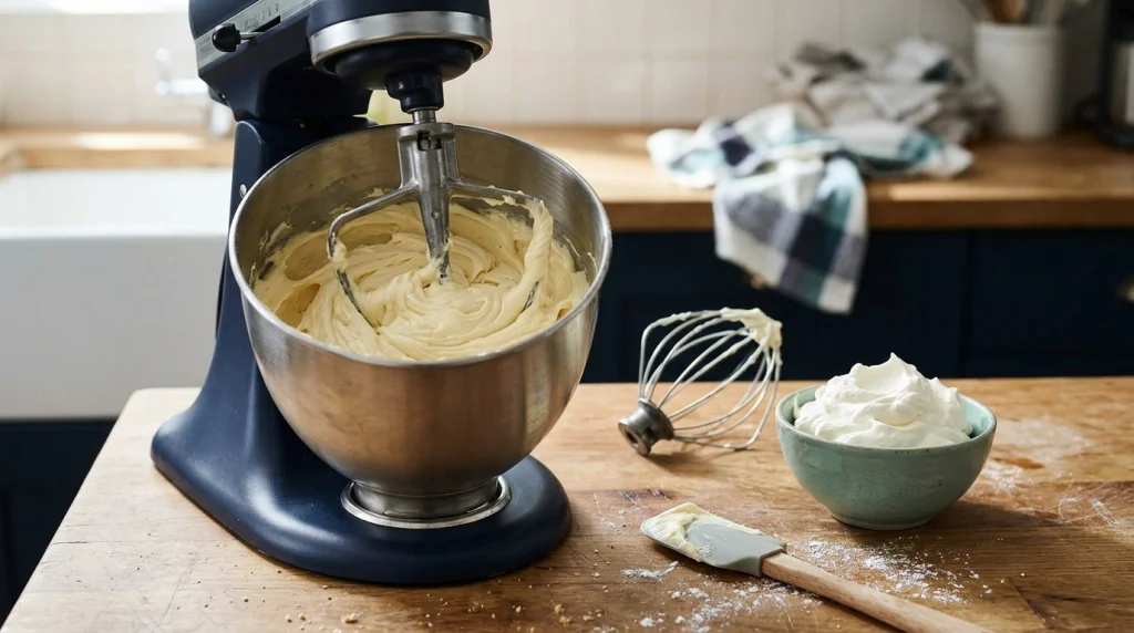 Which attachment should you use for frosting, showing a paddle for buttercream and a whisk for whipped cream.