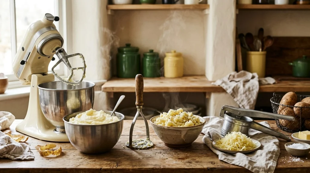 Paddle beater, hand masher, and potato ricer arranged beside mashed potatoes with different textures.