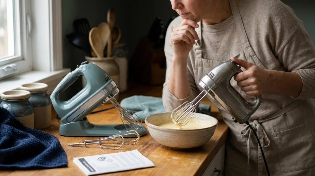 Home cook comparing hand mixer weight, handle comfort, and attachments before choosing a model.