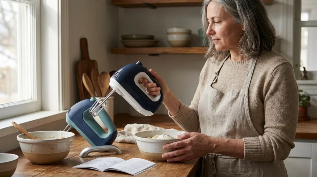 Home baker checking a hand mixer handle grip, control placement, and comfort in a kitchen.
