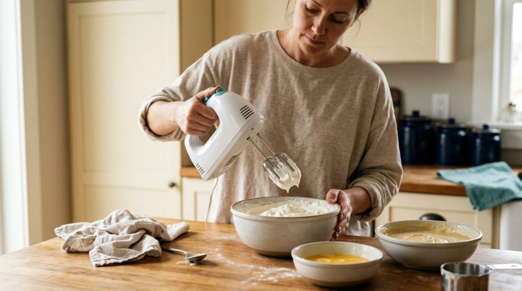 Home baker evaluating a portable hand mixer beside bowls of beaten eggs, cake batter, and whipped cream.