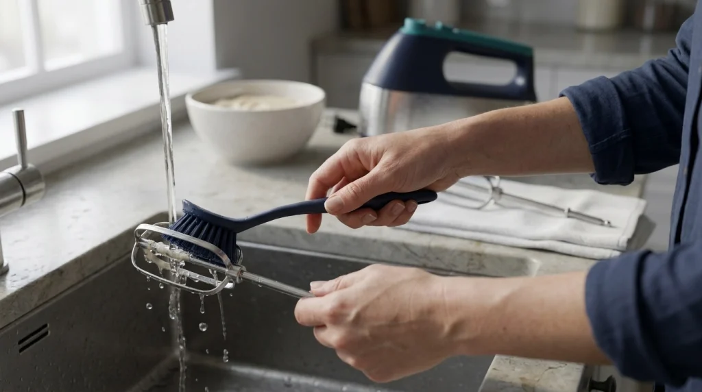 Hands washing a removable stainless-steel hand mixer beater and inspecting its stem at a kitchen sink.