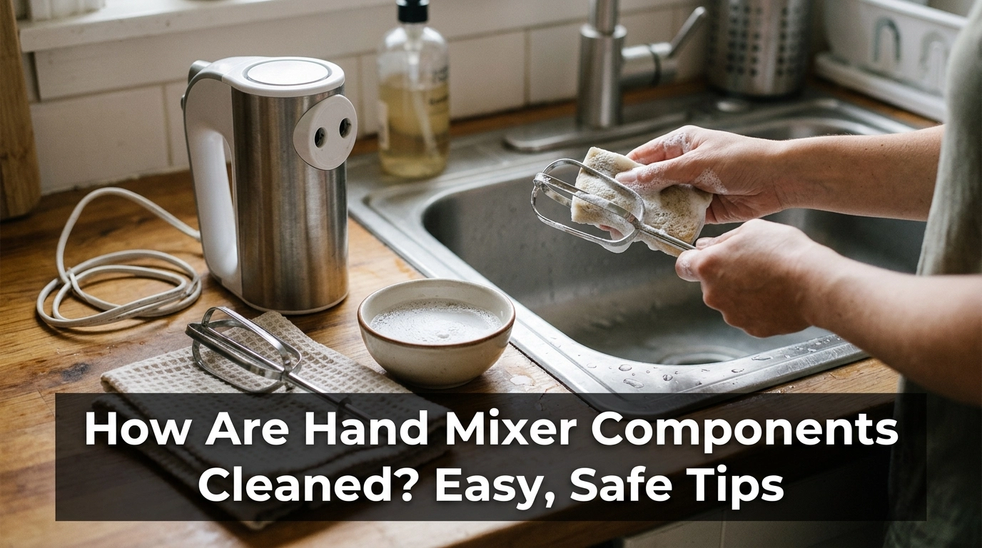 Hand mixer components being cleaned with soapy water, a soft sponge, and a dry towel.