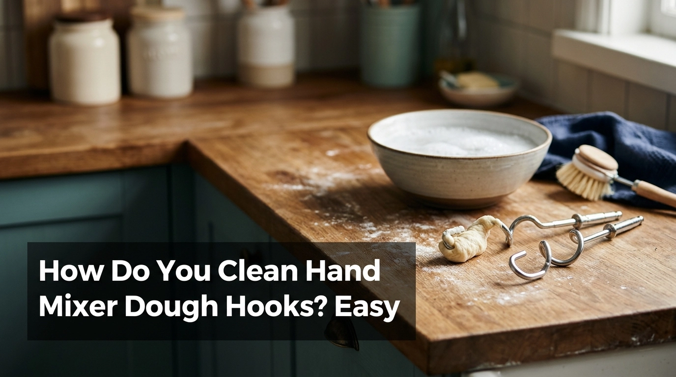 Stainless-steel hand mixer dough hooks beside warm soapy water, a dish brush, and a kitchen towel.