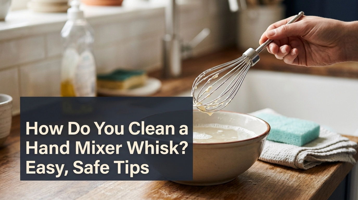 Stainless steel hand mixer whisk beside warm soapy water and a soft sponge for cleaning.