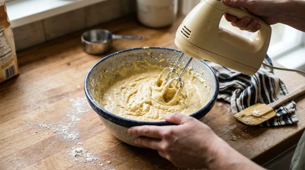 Lumpy cake batter and scattered flour beside a hand mixer in a home kitchen.