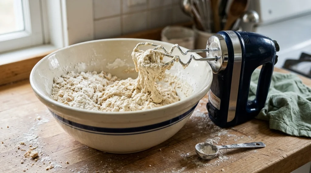 Hand mixer dough hooks beside crumbly flour and sticky dough in a home kitchen.